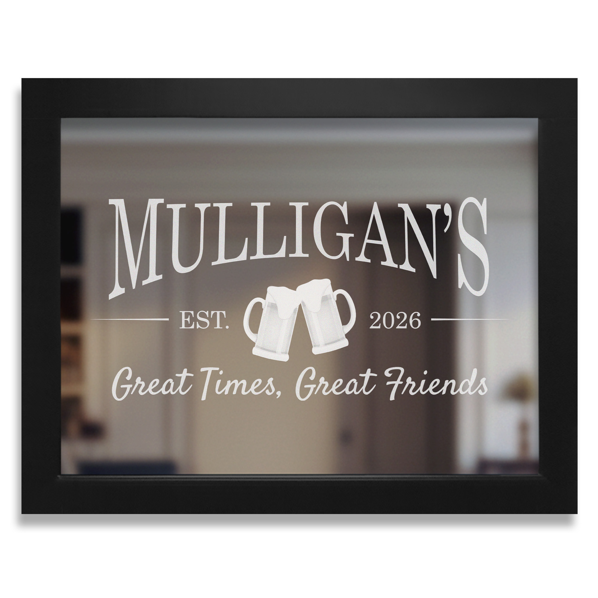 Personalized bar mirror with clinking beer mugs