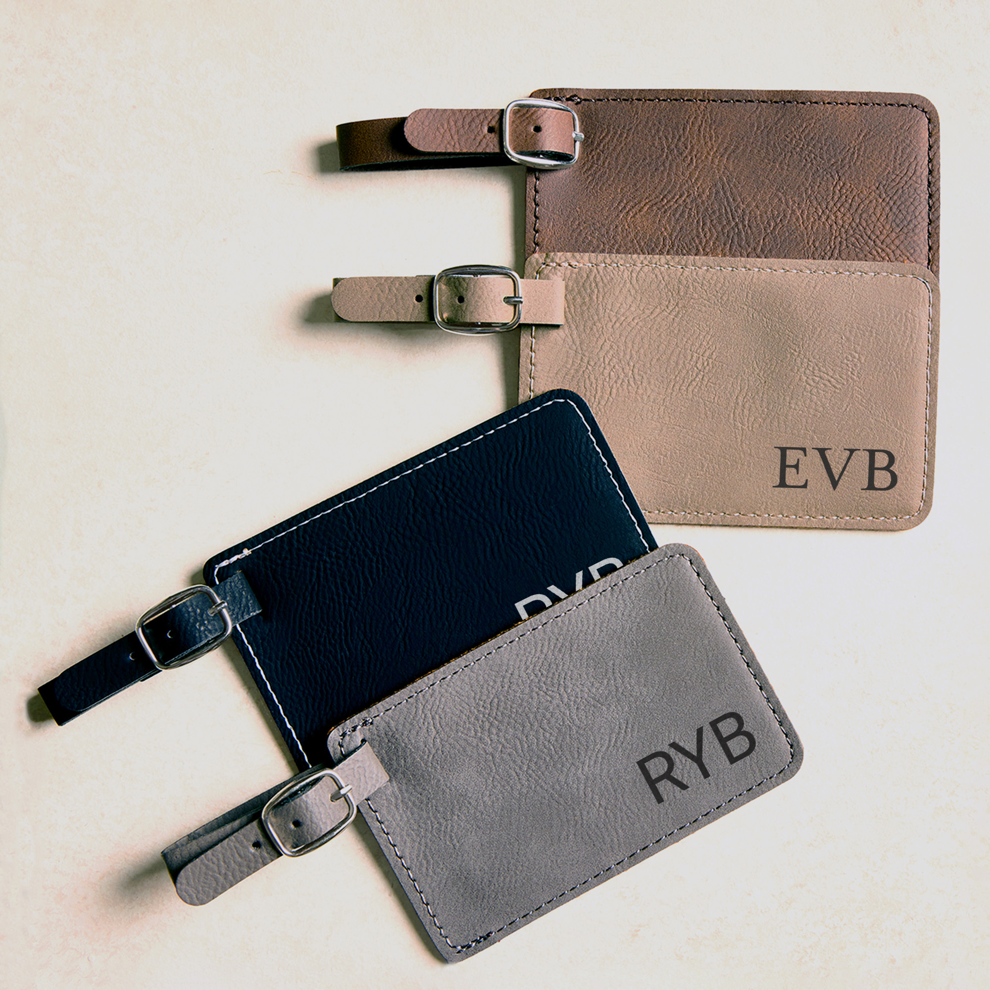 Engraved vegan leather luggage tags with initials for traveling employees