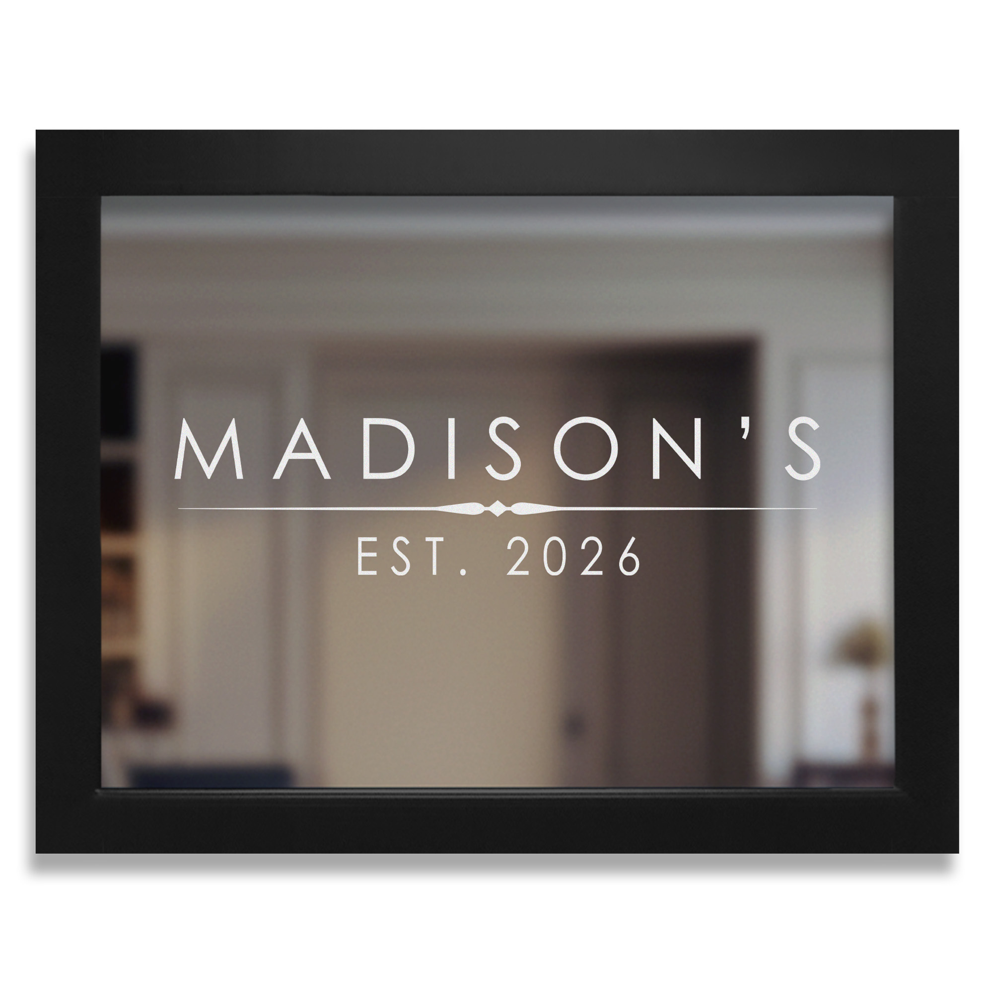Personalized laser engraved modern name bar mirror with sleek border