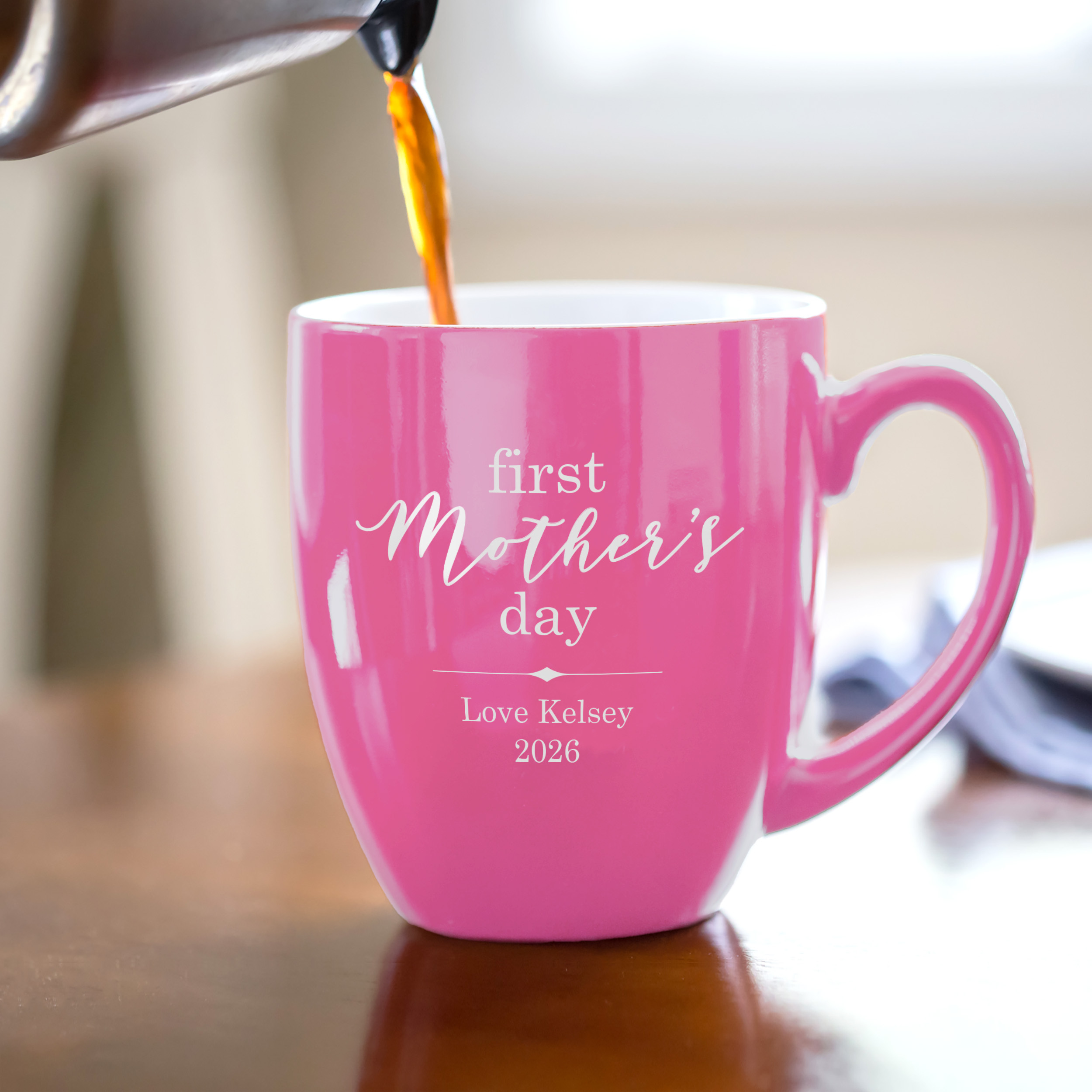 Personalized first Mother's Day pink coffee mug with custom name engraving