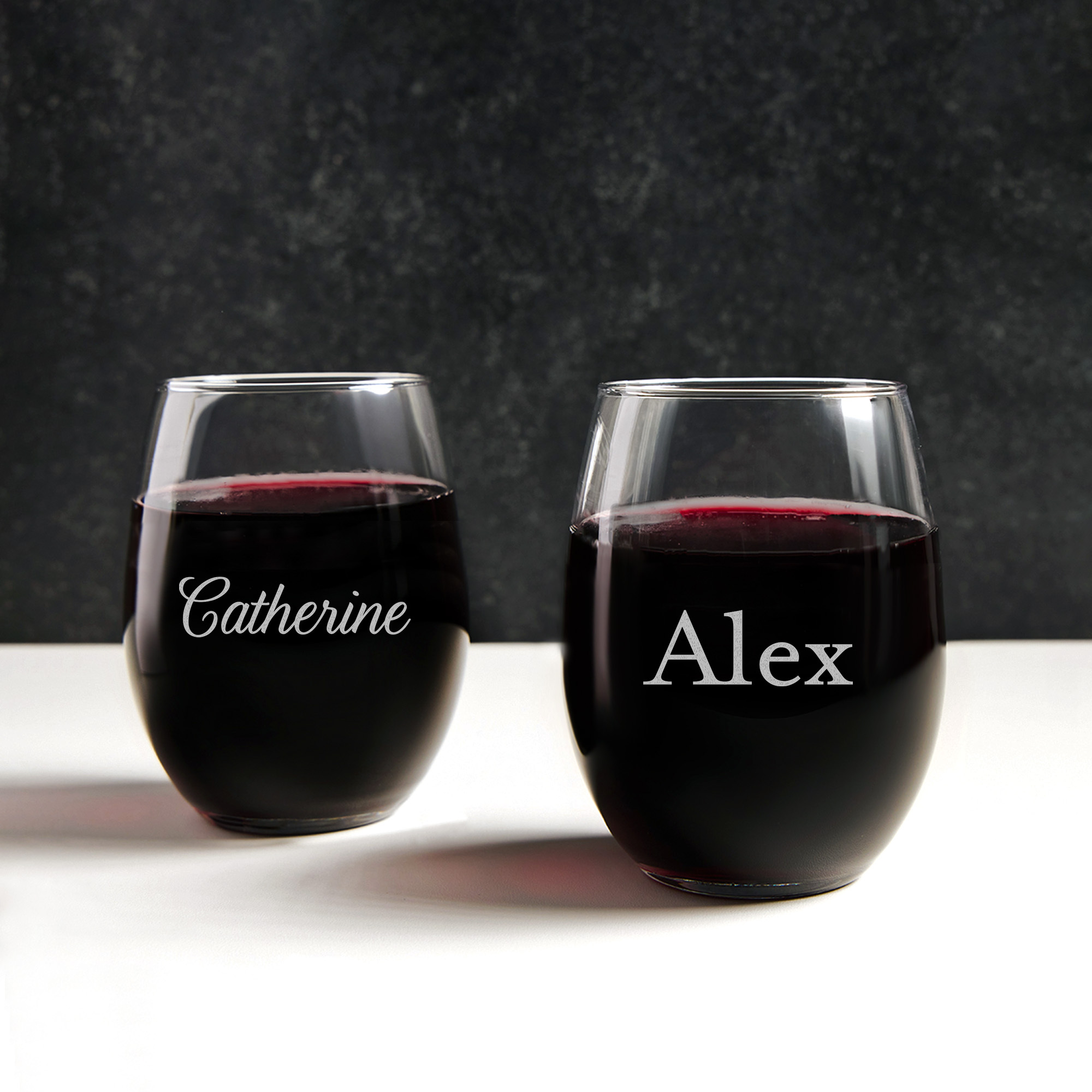 Laser engraved personalized stemless wine glass